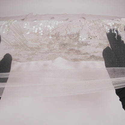 Beaded and Embroidered Tulle with 3D Appliques - Light Gray and Pink Floral Reflections