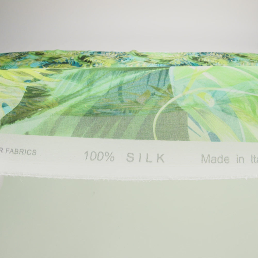 Mood Exclusive Italian Green and Blue Ferns and Foliage Digitally Printed Silk Chiffon