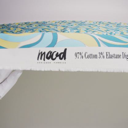 Stretch Cotton Sateen - Blue and Yellow Abstract - Wave Hello Print - Mood Exclusive Groove Collection