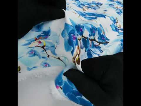 Tilted Blue Orchids and Lily White Printed Stretch Linen and Rayon Woven