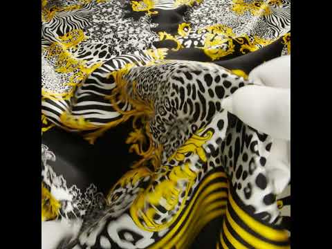 Silk Charmeuse Print 16MM, Made in Italy - Black, White and Yellow Gold Floral Scrolls and Patterned Patchwork with Greek Key Border - Image 5 of 5