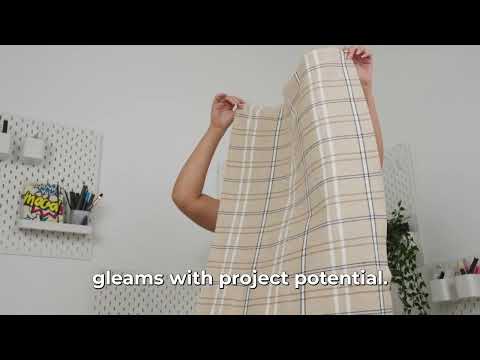Stretch Linen Woven - Beige, Navy and White Plaid with Metallic Silver Accents