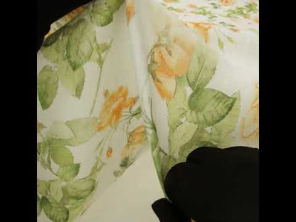 Medium Weight Linen Woven Print - Orange and Green on White Little Roses