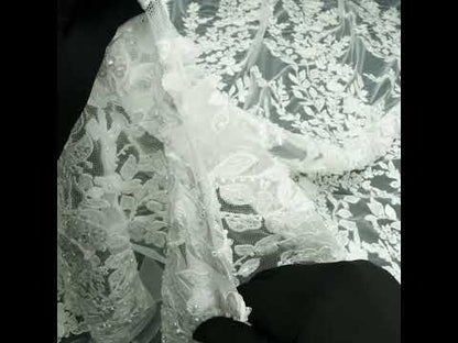 Embroidered 3D Lace with Beads and Sequins - White Floral Vines