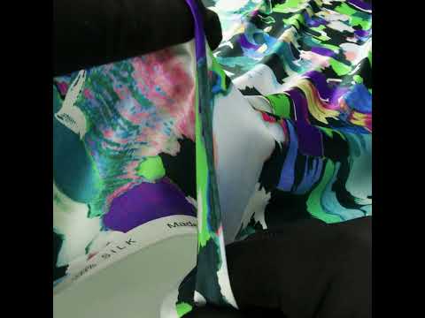 Silk Charmeuse Print 16MM, Made in Italy - Dark Teal, Lime Green and Purple Painterly Abstract - Image 6 of 6