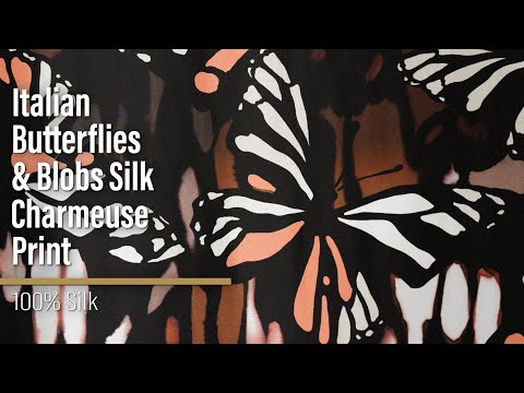 Silk Charmeuse Print - Black, White and Orange Blobs and Butterflies - Made in Italy