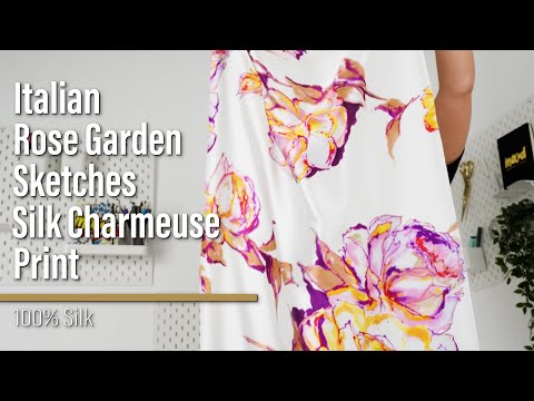 Silk Charmeuse Print 16MM, Made in Italy - Purple, Yellow and Beige Rose Garden Sketches on White - Image 6 of 6