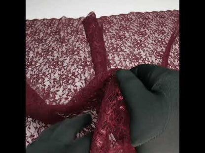 Metallic Re-Embroidered Lace Panel with Finished Edges - Burgundy Floral Vines