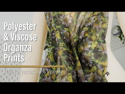 Polyester and Viscose Organza - White and Green Palm Trees