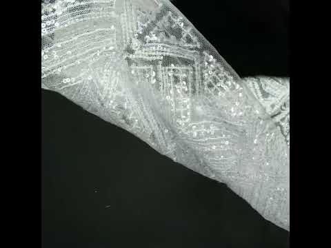 Beaded and Sequined Lace - White and Silver Geometric - Image 6 of 6