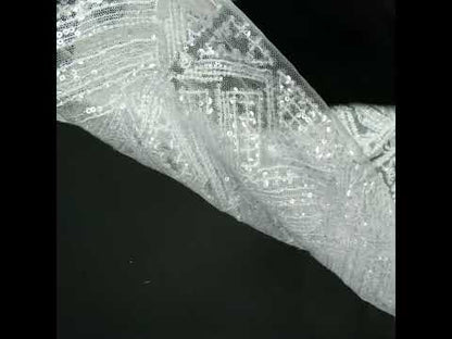 Beaded and Sequined Lace - White and Silver Geometric