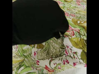Cotton and Viscose Striped Seersucker Print - White, Green and Pink Tropical Leaves and Flowers - Mood Exclusive Monstera Mambo