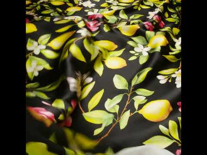 Silk Charmeuse Print 16MM, Made in Italy - Black, Green and Yellow Blossoming Lemon Tree