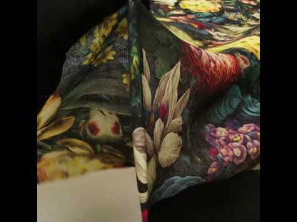 Medium Weight Linen Woven Print - Yellow, Red and Dark Green Mythical Garden