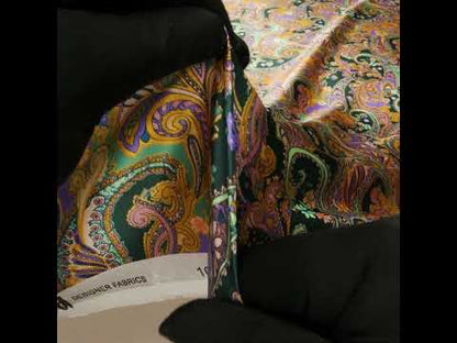 Silk Charmeuse Print 16MM, Made in Italy - Marigold Yellow, Light Purple and Mint Green Fancy Paisley