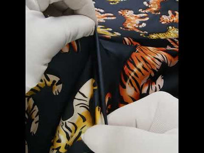 Polyester Satin - Navy, Yellow and Orange Balloon Tigers - Mood Exclusive Pop Jungle Print