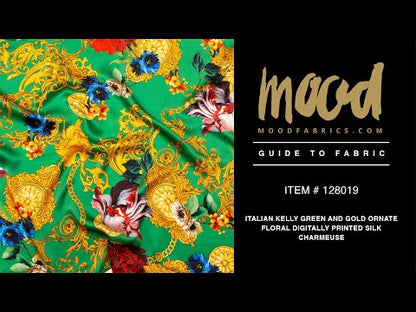 Mood Exclusive Italian Kelly Green and Gold Ornate Floral Digitally Printed Silk Charmeuse