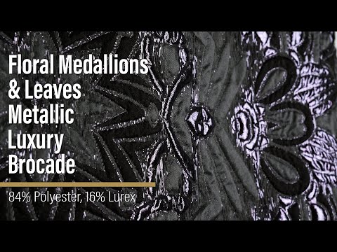 Metallic Luxury Brocade - Gray and Black Floral Medallions and Leaves