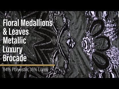 Metallic Luxury Brocade - Gray and Black Floral Medallions and Leaves