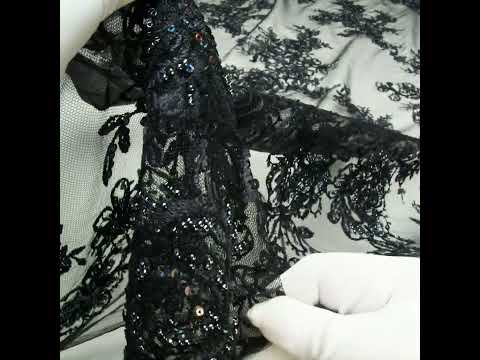 Embroidered and Beaded Lace with Holographic Sequins - Black and Gray Rose Garden