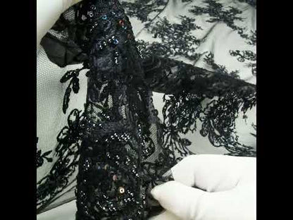 Embroidered and Beaded Lace with Holographic Sequins - Black and Gray Rose Garden