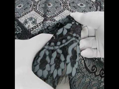 Raschel Lace with Finished Scalloped Edges - Black and Charcoal Sunflowers and Daisies