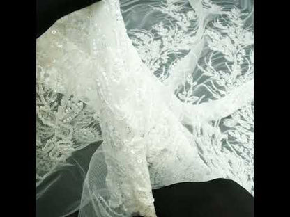 Beaded and Sequined Lace - White Leafy Border