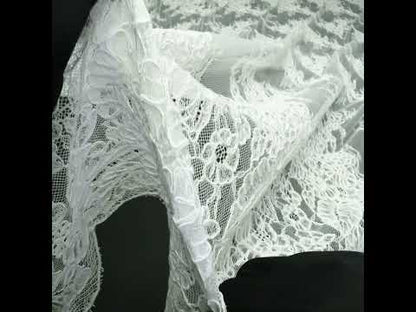 Corded Chantilly Lace with Finished Edges - Ivory Tropical Leaves and Flowers