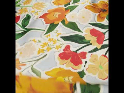 Polyester Satin - Pale Blue, Green and Orange Flowers Collage - Mood Exclusive Clipped Botanicals Print