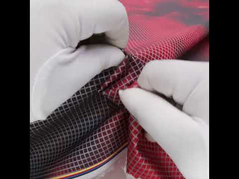 Reflective Print Fabric - Red and Black Abstract with Silver Gray Grid - Image 6 of 6
