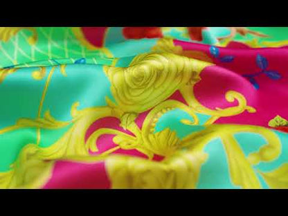 Mood Exclusive Italian Aqua, Pink and Gold Rose Filigree Silk Charmeuse