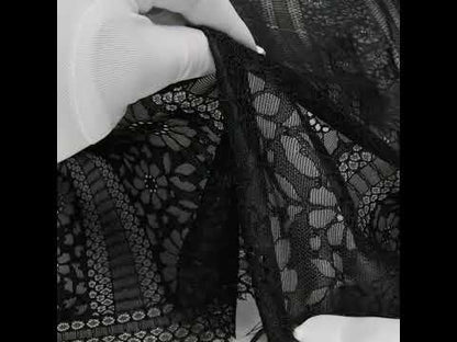 Corded Lace with Eyelash Fringe Edges - Black Floral and Geometric Stripes