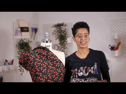 Black and Red Cherries Printed Stretch Cotton Denim