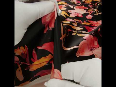 Silk Charmeuse Print 16MM, Made in Italy - Black, Orange and Red Illustrated Watercolor Flowers