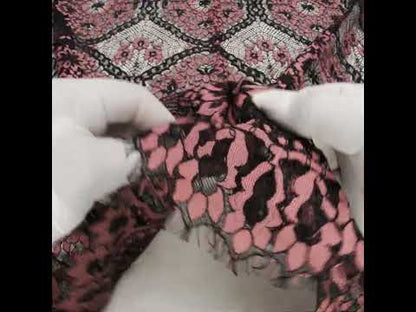 Raschel Lace with Finished Scalloped Edges - Black and Dusty Rose Sunflowers and Daisies