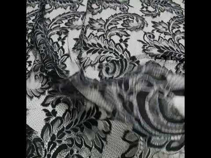 Corded Lace with Finished Scalloped Edges - Black and Ivory Flowers and Leaves
