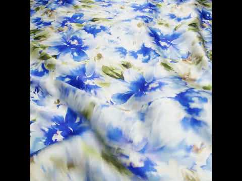 Silk Charmeuse Print 16MM, Made in Italy - Ultramarine Blue and Olive Green Watercolor Flower Garden