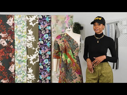 Stretch Cotton Twill Print - Cream. Green and Blue Mushrooms and Flowers - Mood Exclusive Mycelium Mystique