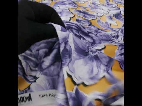 Polyester Satin - Gold and Steel Blue Illustrated Flower Collage - Mood Exclusive Floral Montage Print