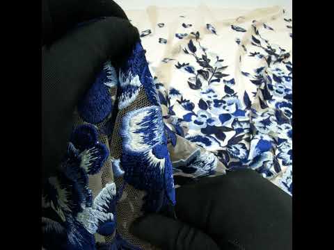 Royal Blue and Sea Foam Novelty Floral Embroidered Mesh - Image 5 of 5