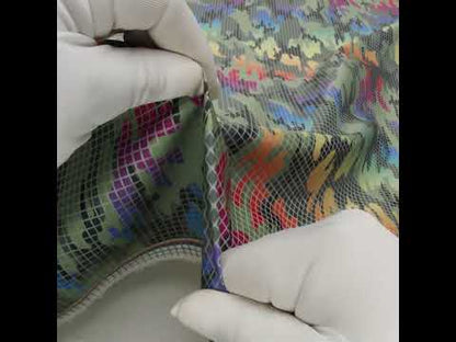 Reflective Print Fabric - Olive Green and Rainbow Camouflage with Silver Gray Grid