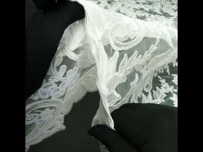 Embroidered Corded Lace with Finished Edges - Ivory Floral Scrolls