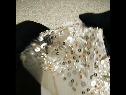 Embroidered and Applique Lace with Gold and Silver Beads and Sequins - Beige Floral Confetti