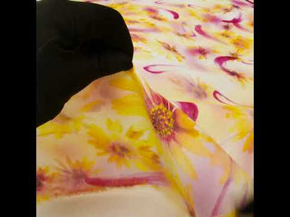 Medium Weight Linen Woven Print - Fuchsia Pink and Bright Yellow Sunflower Garden