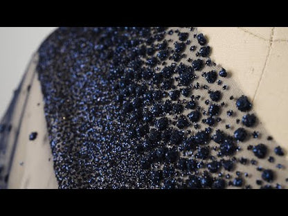 Flocked Puffy Glitter Tulle - Navy Abstract Stripes