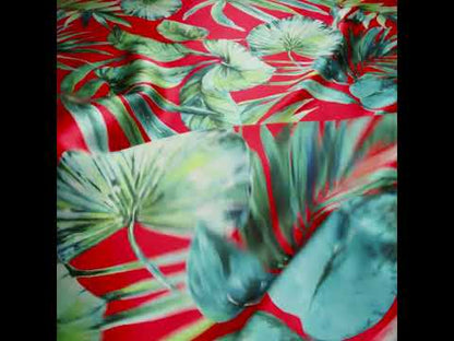 Silk Charmeuse Print 16MM, Made in Italy - Red and Green Tropical Leaves