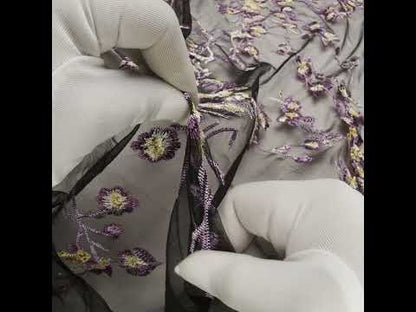 Embroidered Lace on Black Tulle - Lilac, Butter Yellow and White Floral - Designer Deadstock