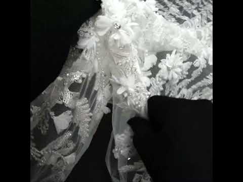 Beaded and Sequined Embroidered Lace with 3D Fabric Flowers - White Floral Vines - Image 6 of 6