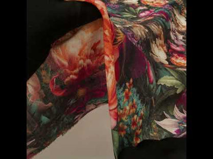 Medium Weight Linen Woven Print - Red Violet, Peach and Dark Green Mythical Garden