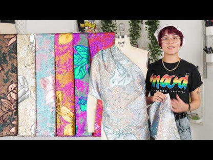 Metallic Sage, Golden Yellow and Magenta Mottled Floral Luxury Brocade